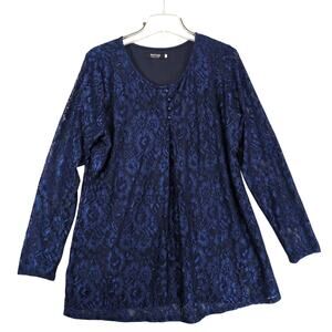 Outad Women's 2XL Navy Floral Lace Overlay Blouse Top, Tunic Length Whimsigoth